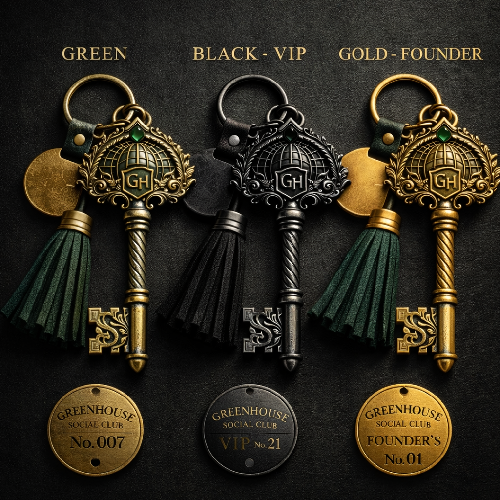 The three keys to Greenhouse Social Club: Green, Black VIP, and Gold Founder