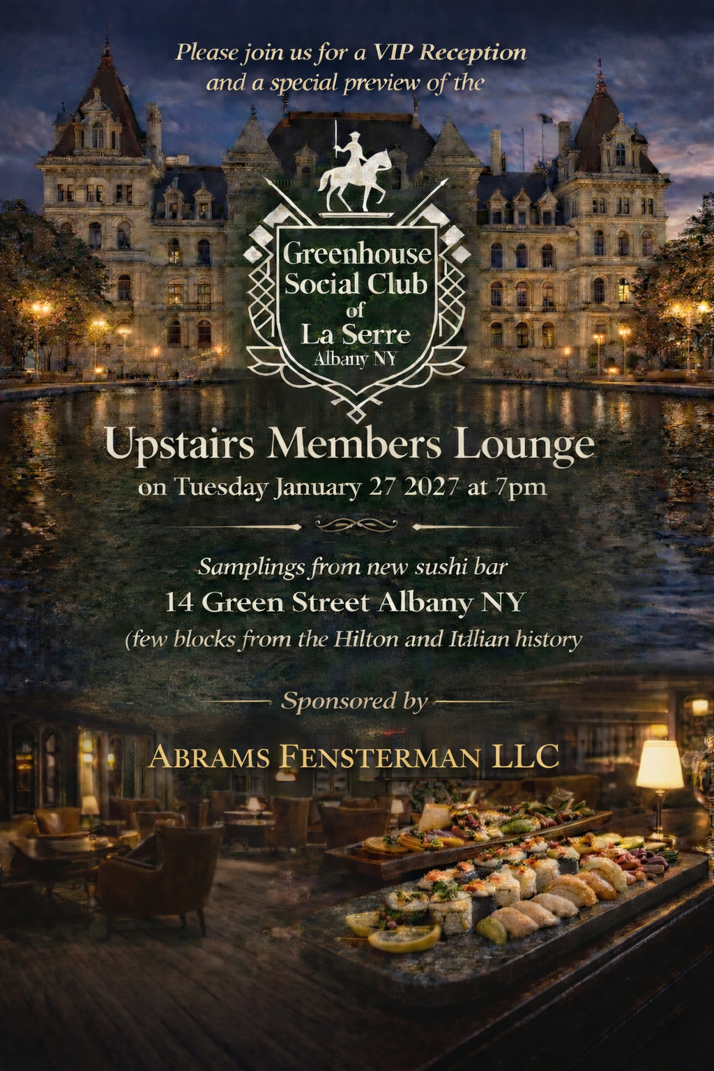 VIP Reception at the Upstairs Members Lounge, January 27 2027 at 7 PM